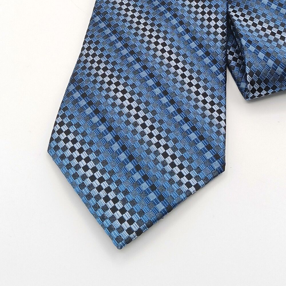 Stafford Silk Tie Mens 60” Blue Gray Woven Jacquard Plaid Small Check Wide New